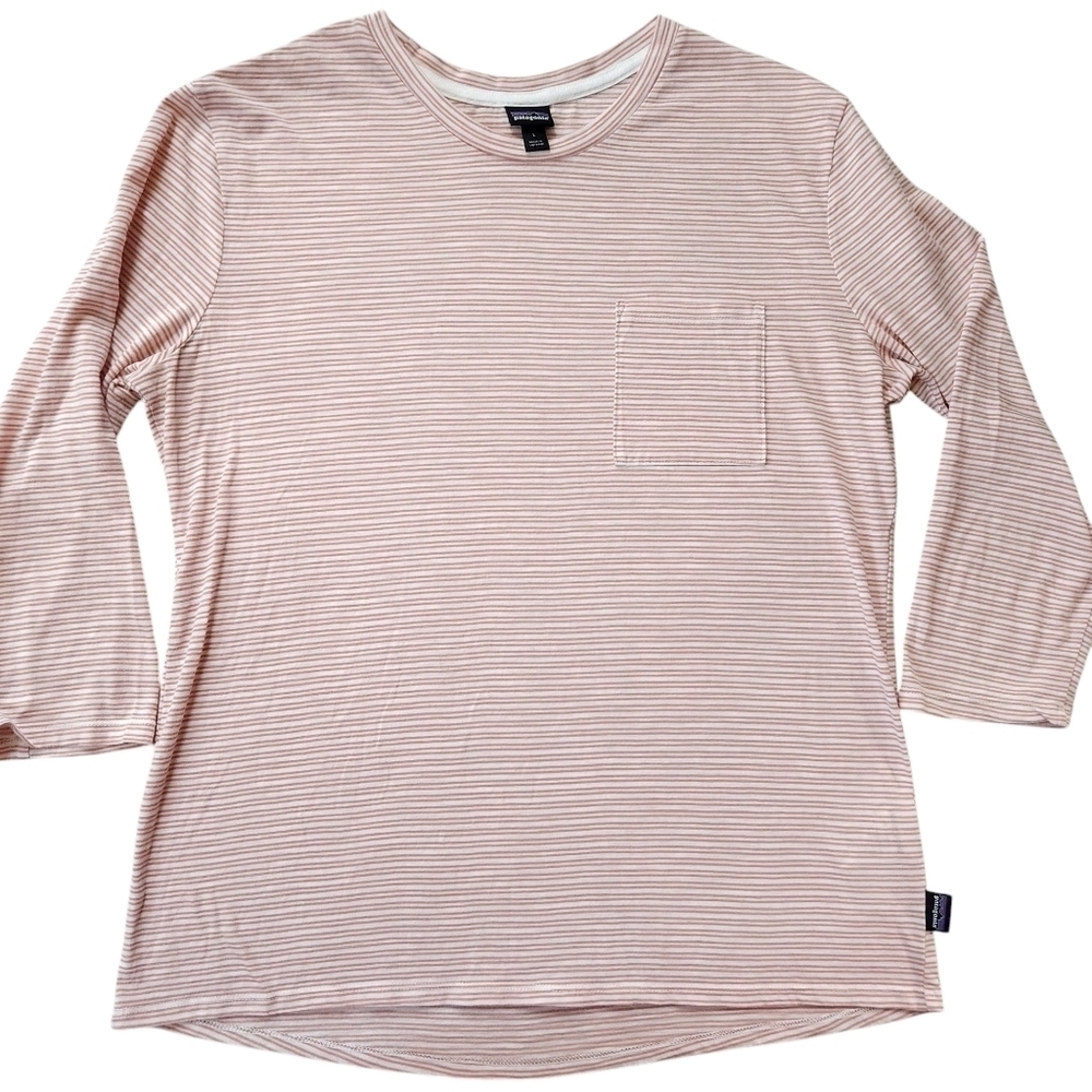 Patagonia W's Mainstay 3/4-Sleeved Peach Striped Tshirt sz L